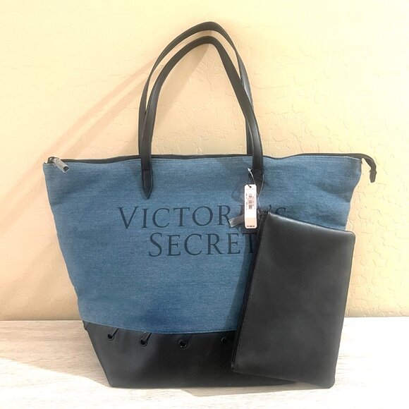 New Victoria's Secret Black Denim Tote Bag with Pouch NWT - Picture 1 of 9